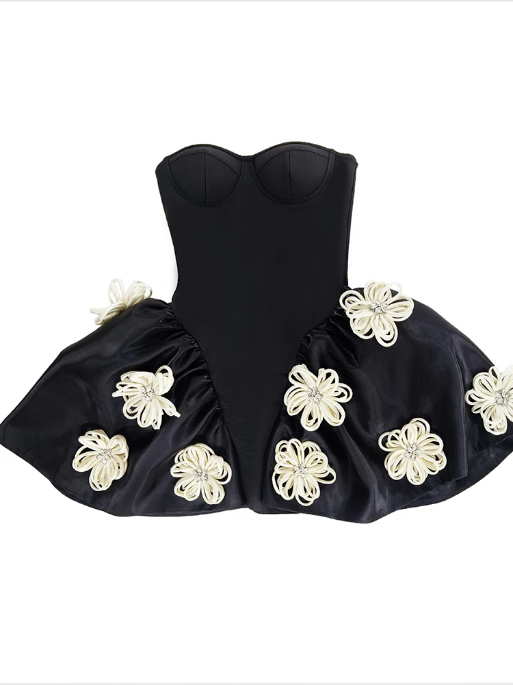 Sexy Strapless  Florals Ball Gown Mini Bandage Dress Women Black Sleeveless Backelss Flower Mini Dresses Cocktail Party Gowns