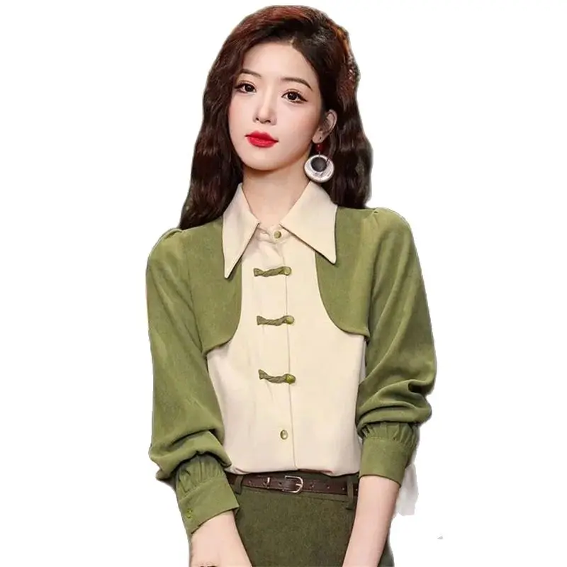 Chic And long sleeve Shirt Women's New Vintage Tops Spring Autumn 2024 High-Quality Color Matching Shirts Outside