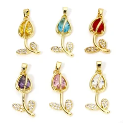 1pc New Brass Charms Gold Color Tulip Flower Multicolor Glass Micro Pave Cubic Zirconia Pendant DIY Necklace Jewelry 29mm x 12mm
