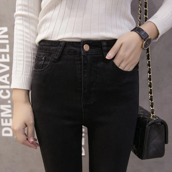 High Waist Black Denim Jeans Women's Tight Fit Elastic plus Size Slimming Student Pencil Pants Autumn Style Cotton Stretch Denim
