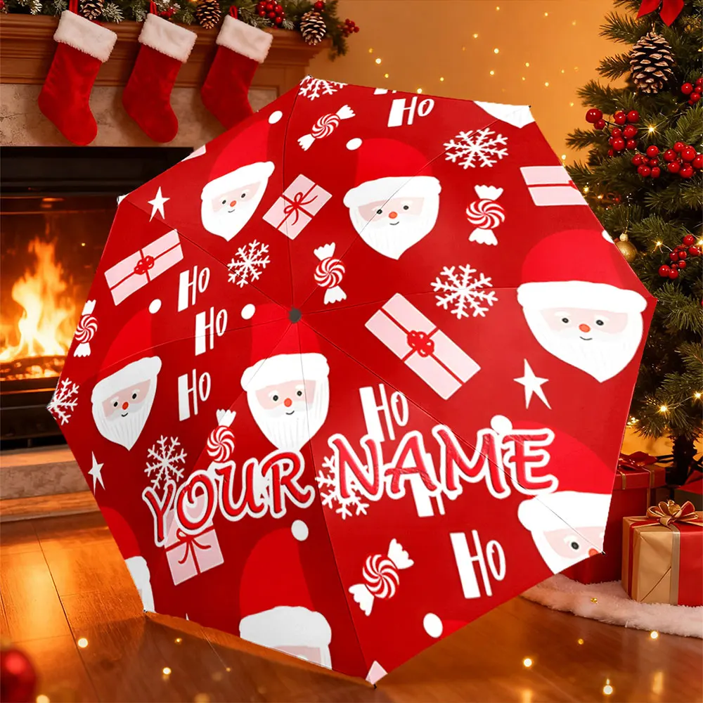 Custom Name Umbrella， Custom Christmas Umbrella with Santa, Gifts & Candy Pattern ,Portable Folding Umbrella, Christmas Gift