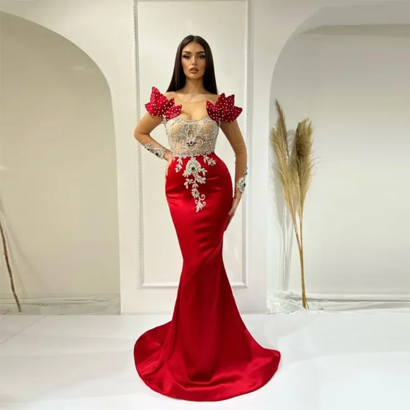 Women Formal Party Dress Saudi Arabia Red Mermaid Evening Gowns Sexy See Through Lace Appliques Beads Long Sleeves Prom Dresses