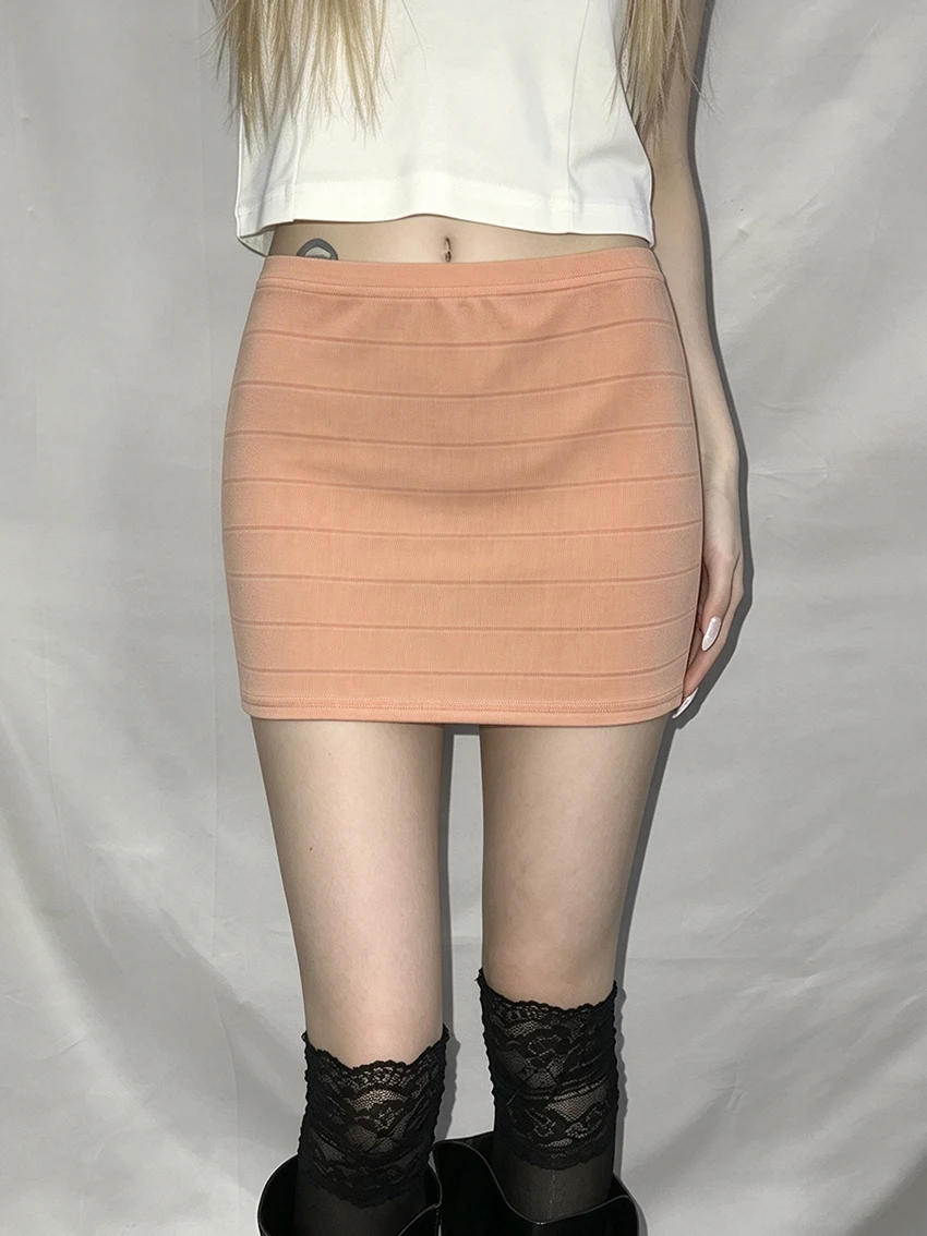 Y2K Streetwear Aesthetics Women Bodycon Pencil Mini Skirt Punk Horizontal Striped Texture Elastic Waist Solid Orange Short Skirt