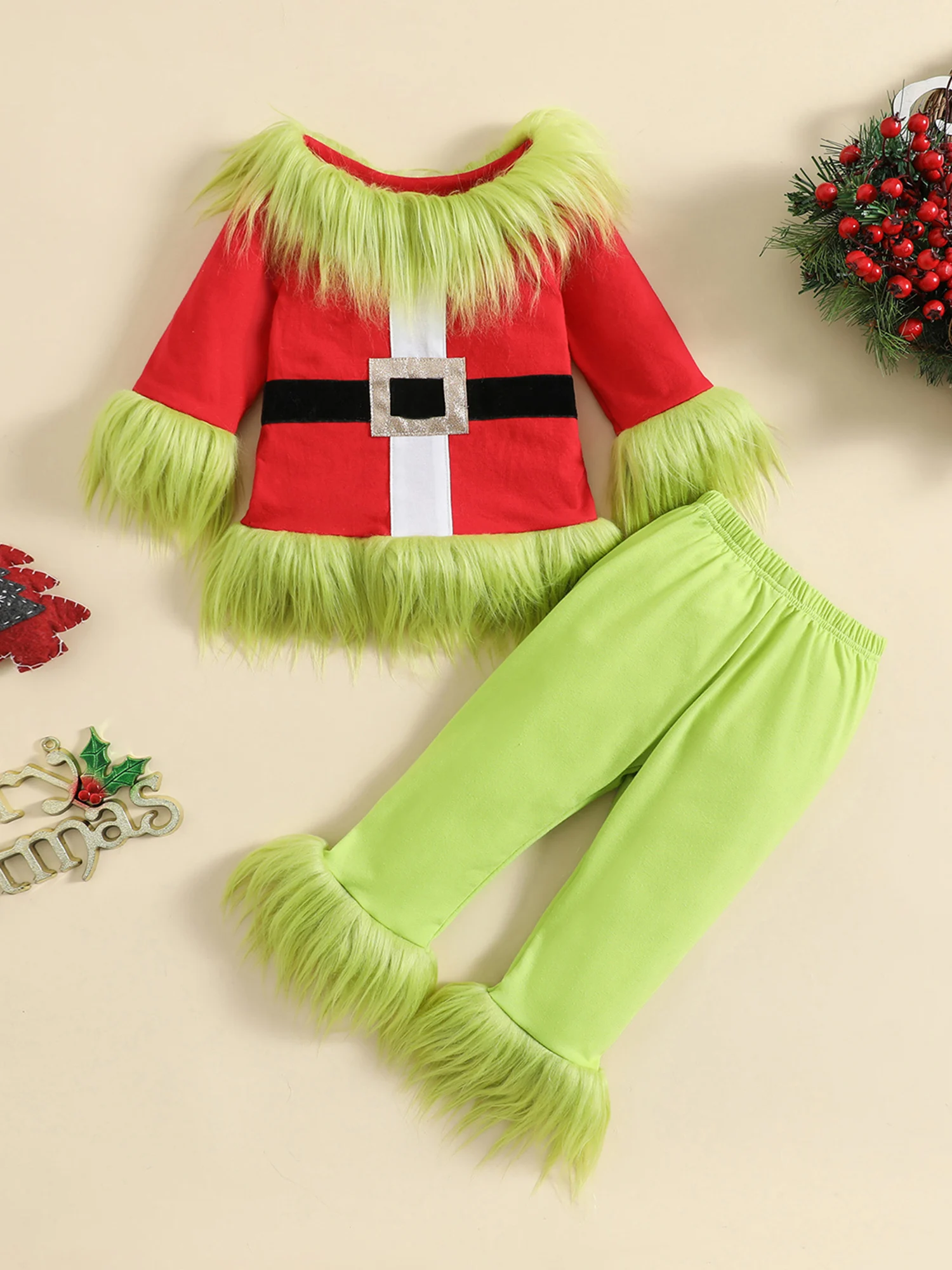 2022 Christmas Green Monster Costume for Toddler Kids Faux Fur Trim Santa Claus Elf Cosplay Skirt Pants Set for Boys Girls