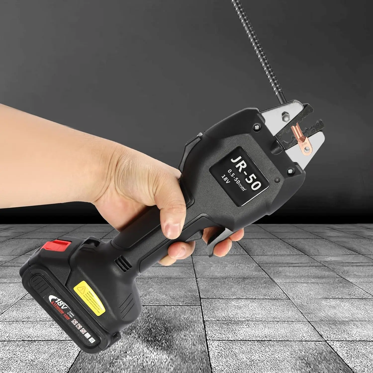 18V Battery Powered Crimping Pliers Kit, Wire Terminal Crimper Tool with 7 Dies for 0.5-50mm² Range, 16KN Crimping Force, Pipe Terminal Electric Crimper