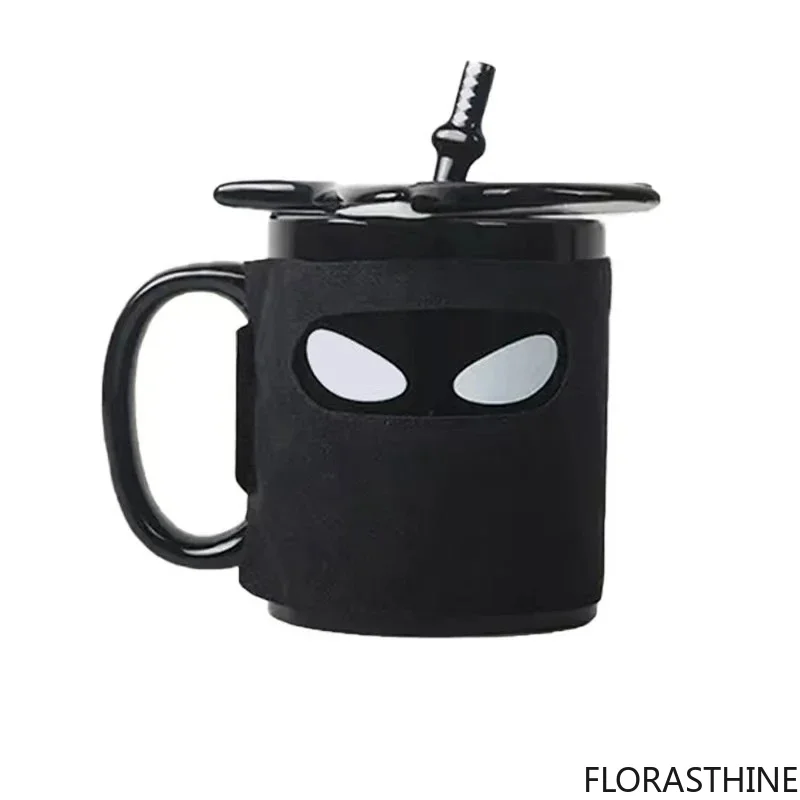 Novelty Ceramic Mug with Lid Ninja Cartoon Theme Coffee Cup Cute Travel Quirky Water Cup for Teens and Women Office Desk Gift