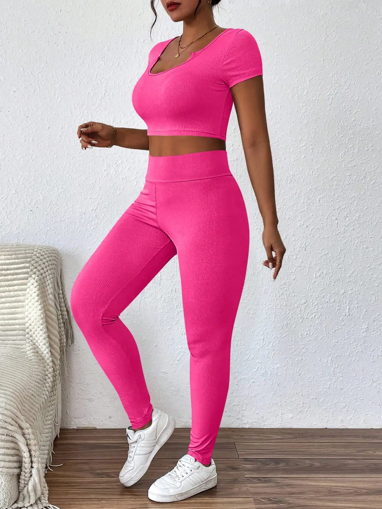 

Women's Solid Color Short Sleeve Top With Notched Collar And Leggings, 2pcs/Set, Summer