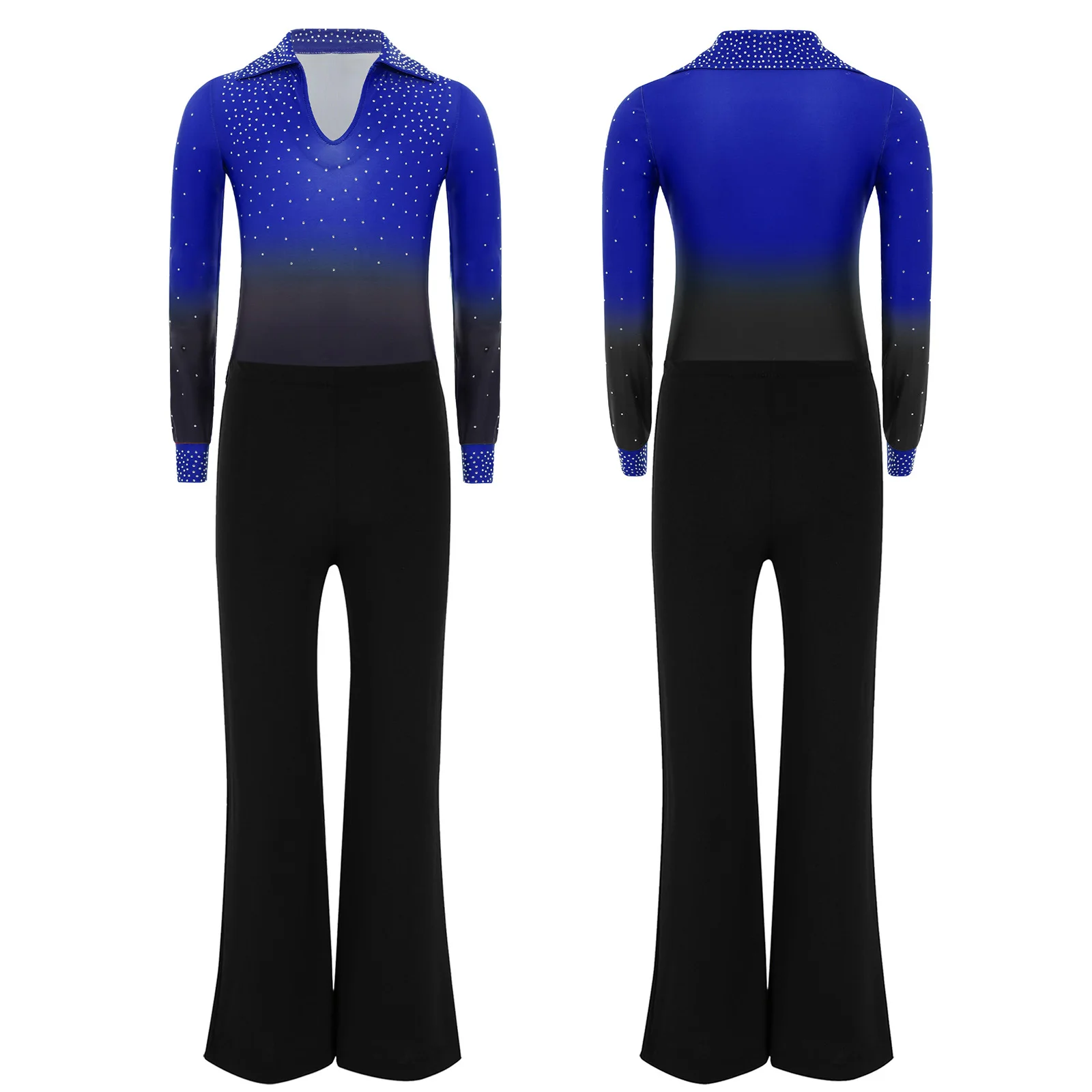Kids Boys Sparkly Rhinestone Latin Jazz Skating Jumpsuit Modern Ballroom Dance Unitard Leotard And Flared Pants Set Royal Blue