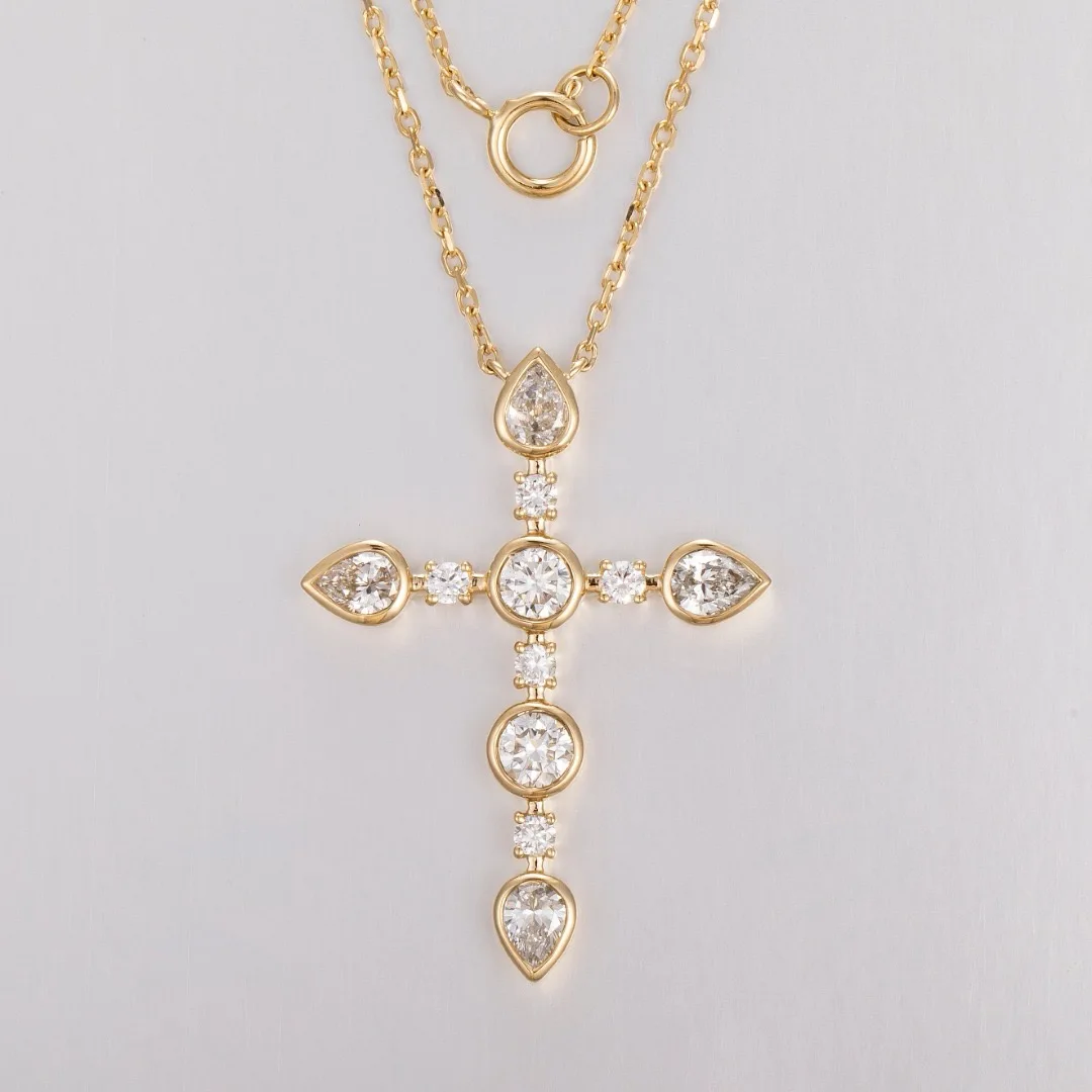14K Yellow Gold Lab-Grown Diamond Cross Pendant Necklace 45CM 1.02ct Bezel Set Women Fine Jewelry