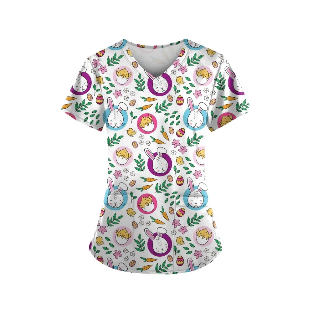 Medical Nursing Uniform Women’s Stretch Ombre Print V-Neck Short Sleeve Tops Pocket Medical Clothing for Women Hospital Uniform