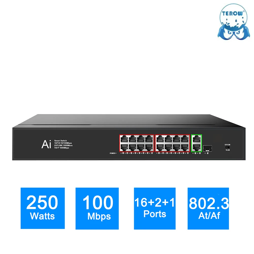 TEROW POE 스위치 IP 카메라용 스마트 이더넷 스위처, 16 POE 2 업 링크 1 SFP 100/1000Mbps, 19 포트 네트워크 LAN RJ45 허브, 250W