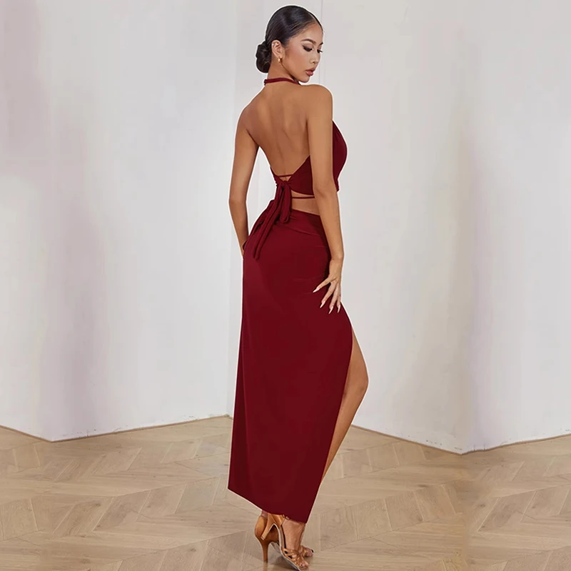 Latin Dance Clothes Women Performance Dancewear Summer Latin Tops Slit Skirt Rumba Tango Dress Adult Practice Dresses DNV20309