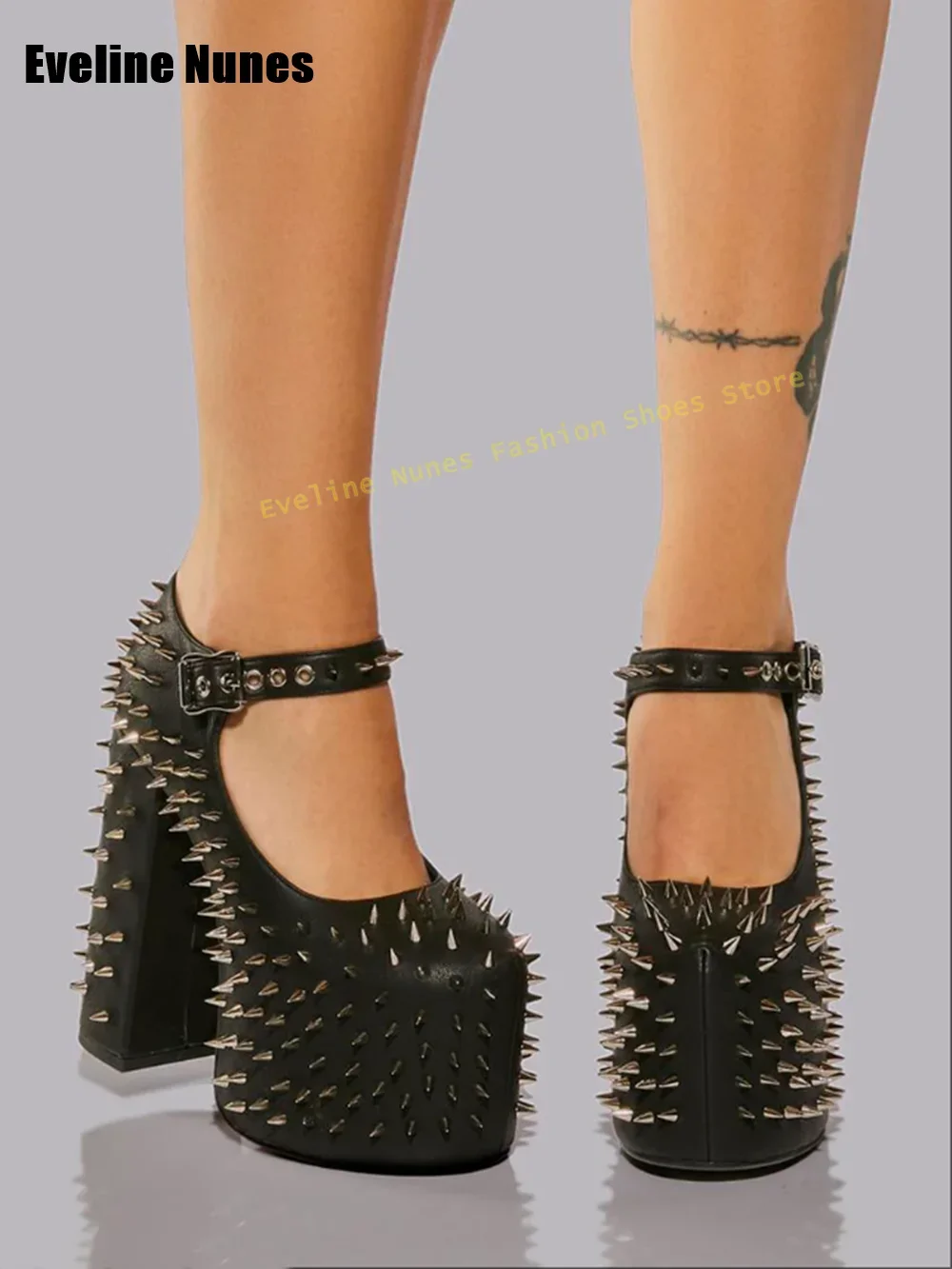 

Женская пикантная обувь, вечерние туфли большого размера, лето 2022, черные туфли-лодочки на платформе с заклепками в стиле панк, с круглым носком, увеличивающие рост, с неглубоким ремешком с пряжкой