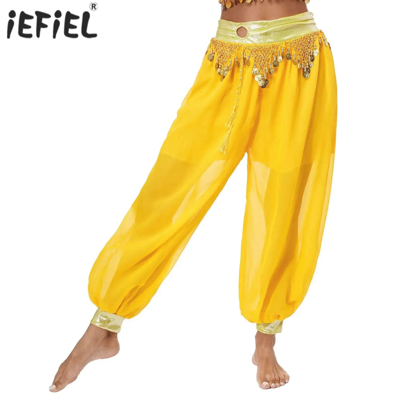 Womens Tassels Plastic Beads Tassels Bloomers Indian Belly Dance Costume Side Split Lantern Pants Chiffon Shiny Sequins Pants