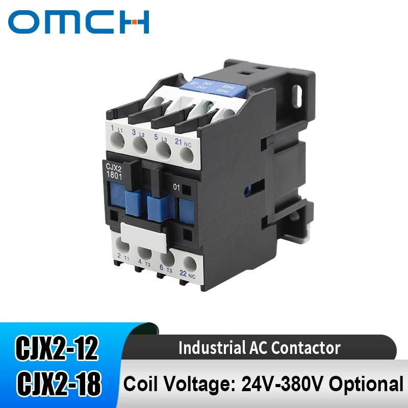 OMCH CJX2-12 18 AC Contactor 3-Phase 12A 18A 50/60Hz NO NC Coil Voltage 24V-380V Industrial DIN Rail Mount Power Contactor