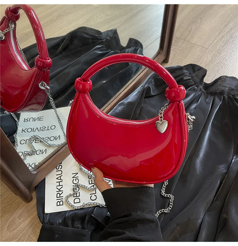 Red Patent Leather Handheld Bag For Women New Spring Autumn Chain Crossbody Bag Fashion Versatile Love Zipper Shoulder Small Bag