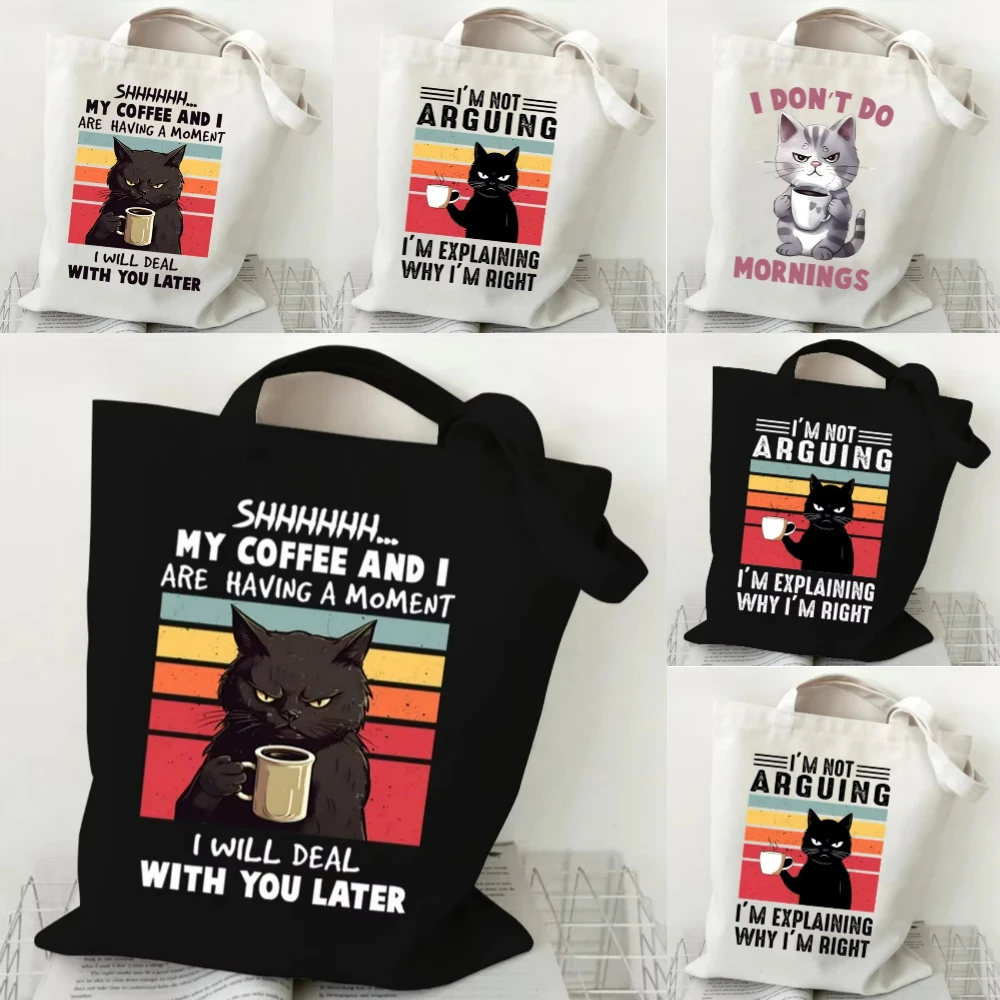 Angry Cat Canvas Tote Bag Fun Coffee Cat Shoulder Bag Casual Shoulder Bag Eco Bag for Shopping Office Travel Yoga School