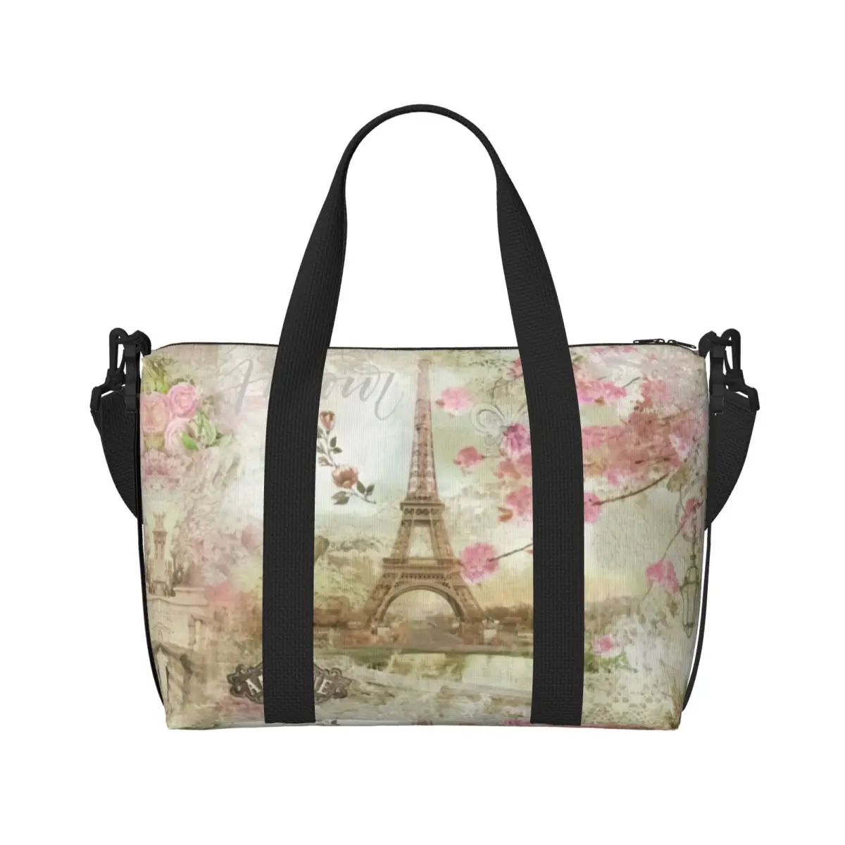 Custom France Paris Eiffel Tower Beach Tote Bag Women Extra Large Gym Carry On Flower Pink Travel Shopping Bags