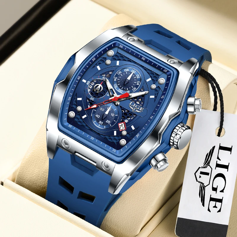 LIGE Square Quartz Man Watch Fashion Silicone Auto Date Simple Outdoor Casual Sports Clocks Waterproof Luminous Watches for Men