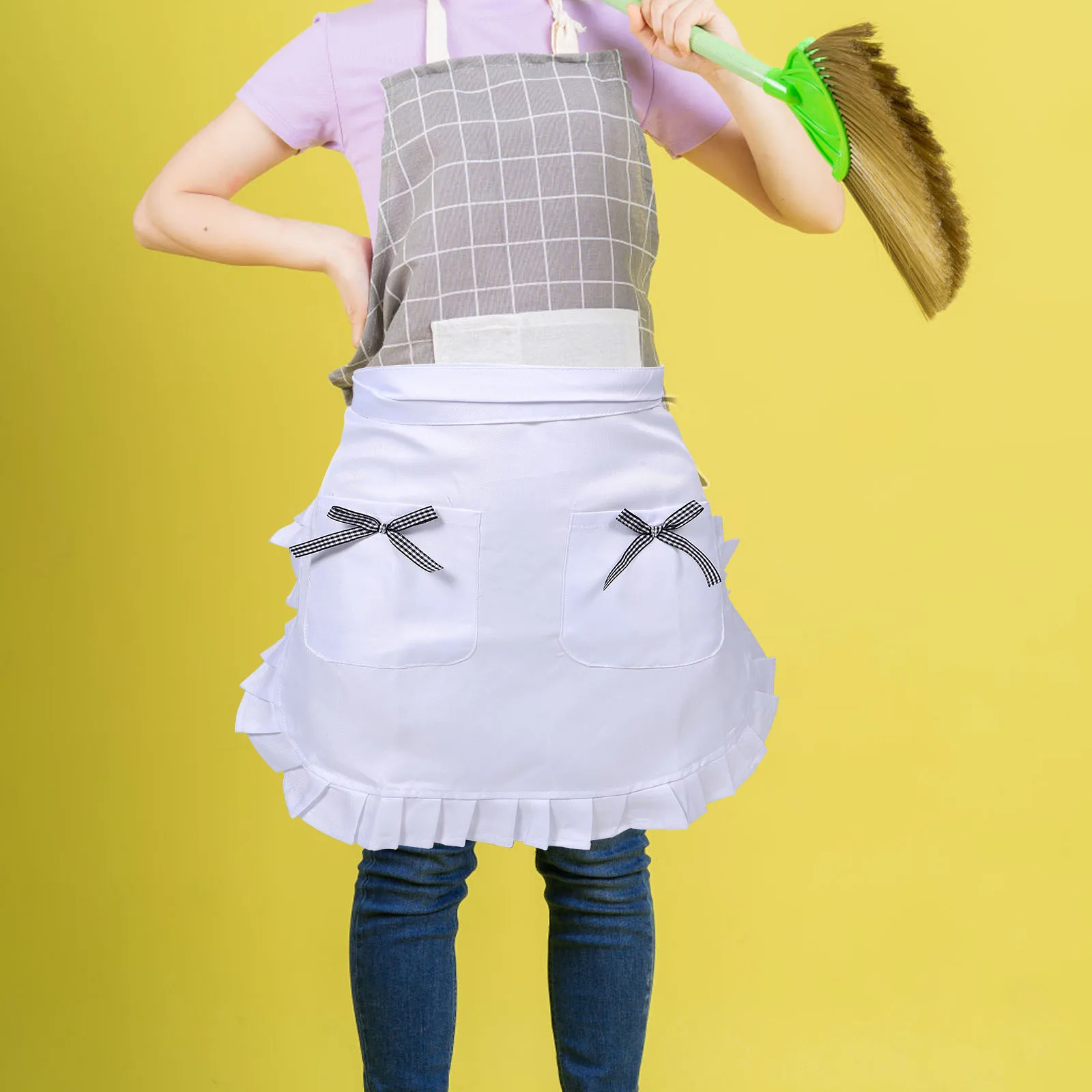 

Half Waist Apron Costume Ruffled Chef Cooking Server Dress Lightweight Stain Protection Adjustable Kitchen Coffee Shop