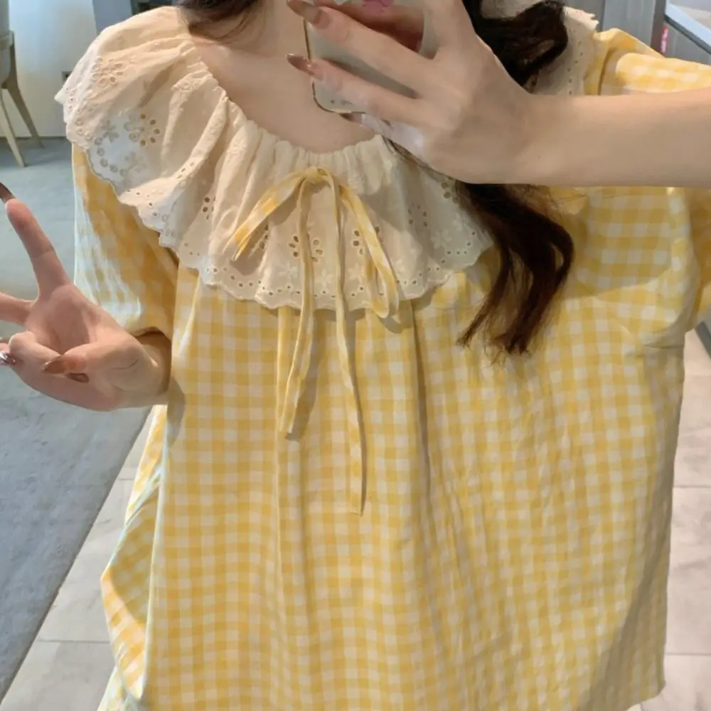 الدانتيل كشكش الدانتيل شبكة بيجامة دعوى جولة الرقبة فضفاضة السراويل بروتيل نوم النساء Homewear قصيرة الأكمام