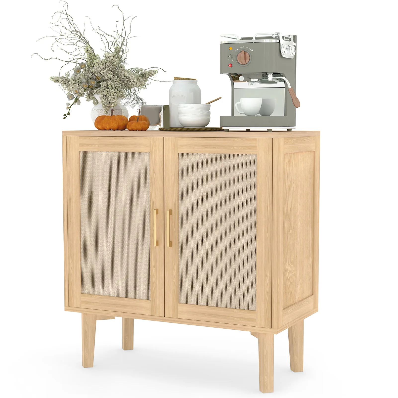 

NEW Buffet Cabinet with Rattan Decor Doors Wood Feet Multifunctional Sideboard Cabinet for Dining Room Kitchen Buffet Cabinet