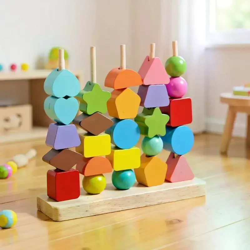 Набор деревянных бусин и блоков Монтессори; Игрушки для обучения штаберителем форм; Игры для посещаемости и сопоставления для раннего образования