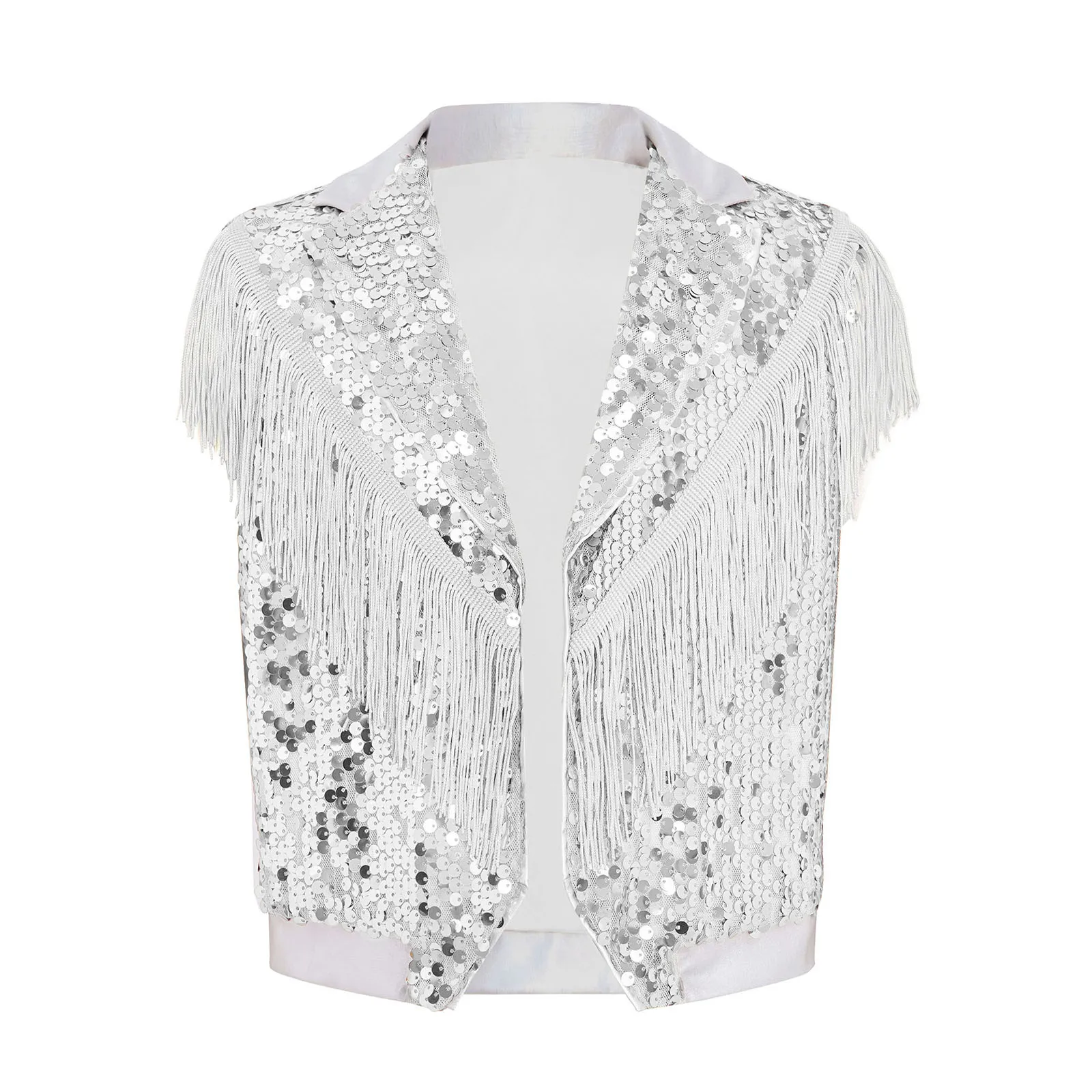 Kids Boys Sequin Open Front Tassel Vest Sleeveless Fringe Cowboy Jacket Sparkly Jazz Dance Top Outwear Competition Clothes image 3