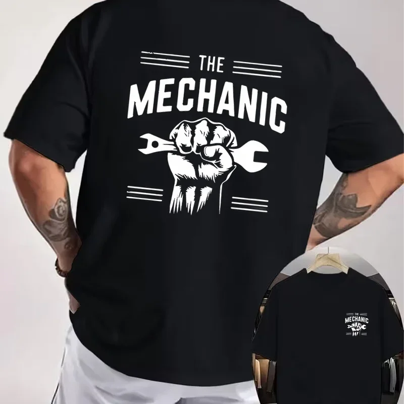 THE MECHANIC Wrench Fist Line Pattern Motorcycle Double Sided Print T-Shirt Men's Summer Short sleeve O-Neck Casual Tops