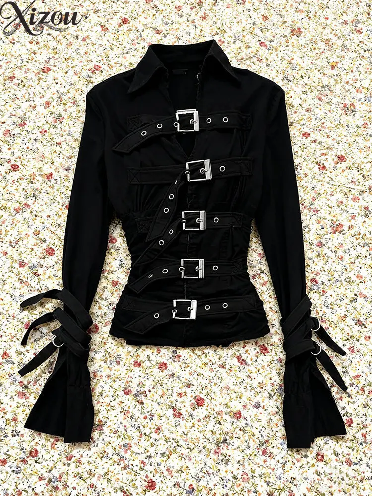 

Рубашка Y2K в готическом стиле, черная, с длинным рукавом, в корейском стиле, ретро, американский дизайн, с драпировкой, металлическими пряжками, отложным воротником, на бретелях, облегающая, уличная одежда, 2026, крутой панк, мото-стиль