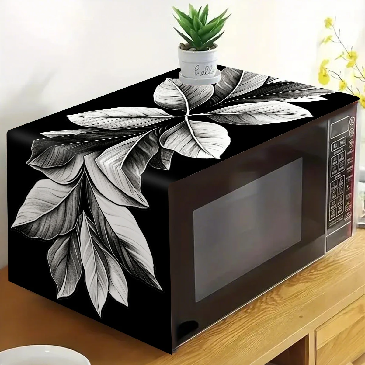 35x85cm Black Leaves Polyester Oven Dust Cover Autumn Leaf Printed Microwave Dust Cover Anti-Oil Dustproof Kitchen Home Decor