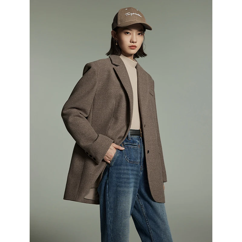 Toyouth Women Thick Warm Woolen Coat 2023 Winter Long Sleeve Tailored Collar Loose Wide Shoulder Suit Jacket Fashion Outwear