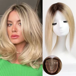 Blonde Remy Human Hair Toppers Dark Root Lace Base Clips In Hair 12 Inches 100% Straight Remy Human Hairpieces Extension Natural