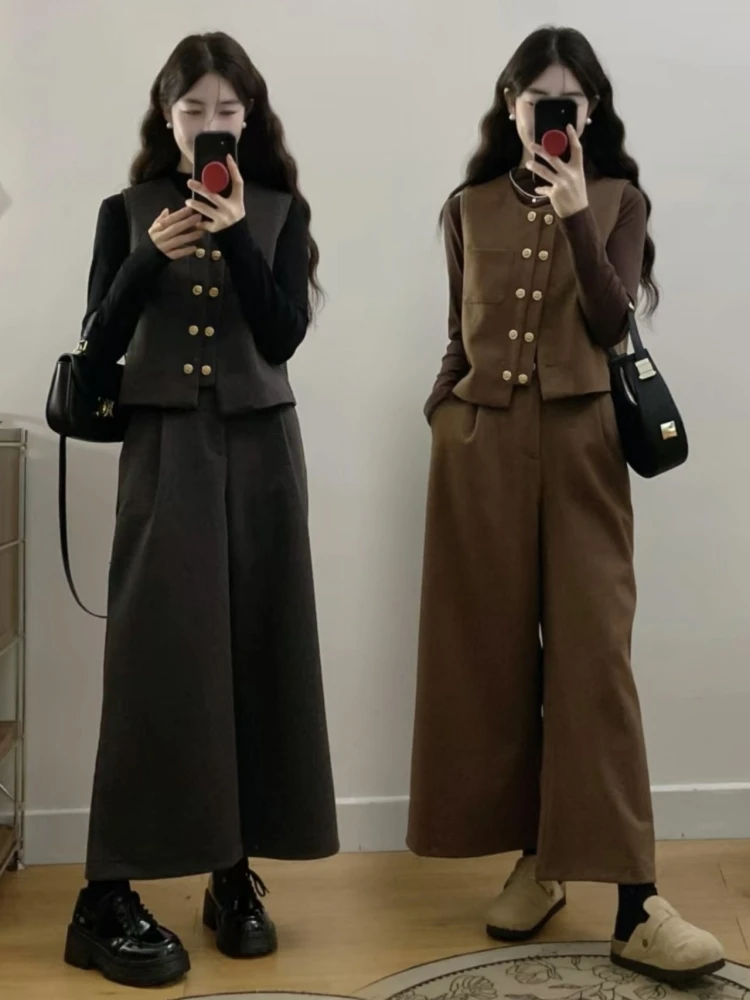 

Style Three-Piece Set Women's Spring Autumn plus Size Base Shirt Tank Top Wide Leg Pants Ensemble Fashionable Cotton L...