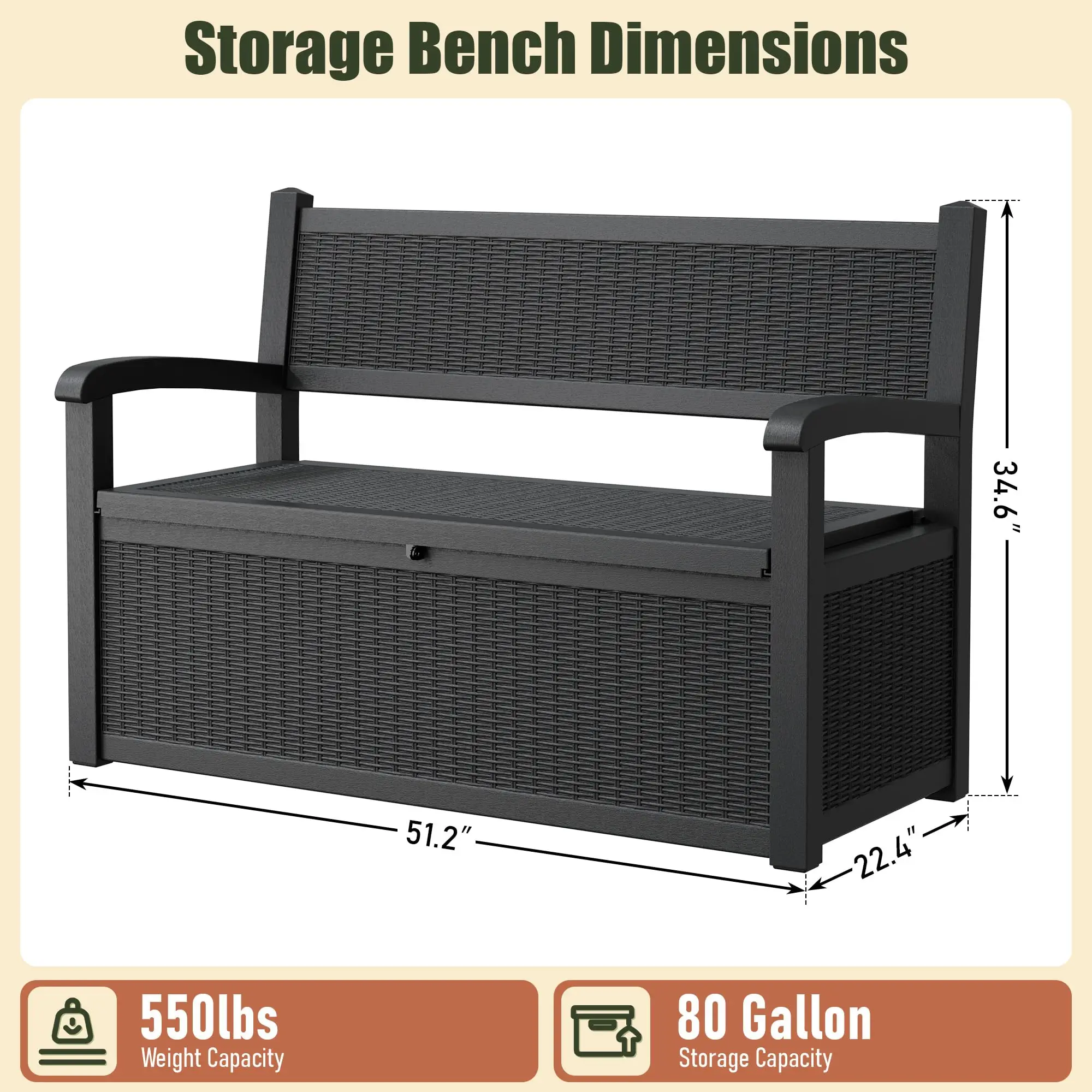 80 Gallon Outdoor Storage Bench, Resin Outdoor Storage Box with Armrest, Lockable Deck Boxes Outdoor Waterproof and UV