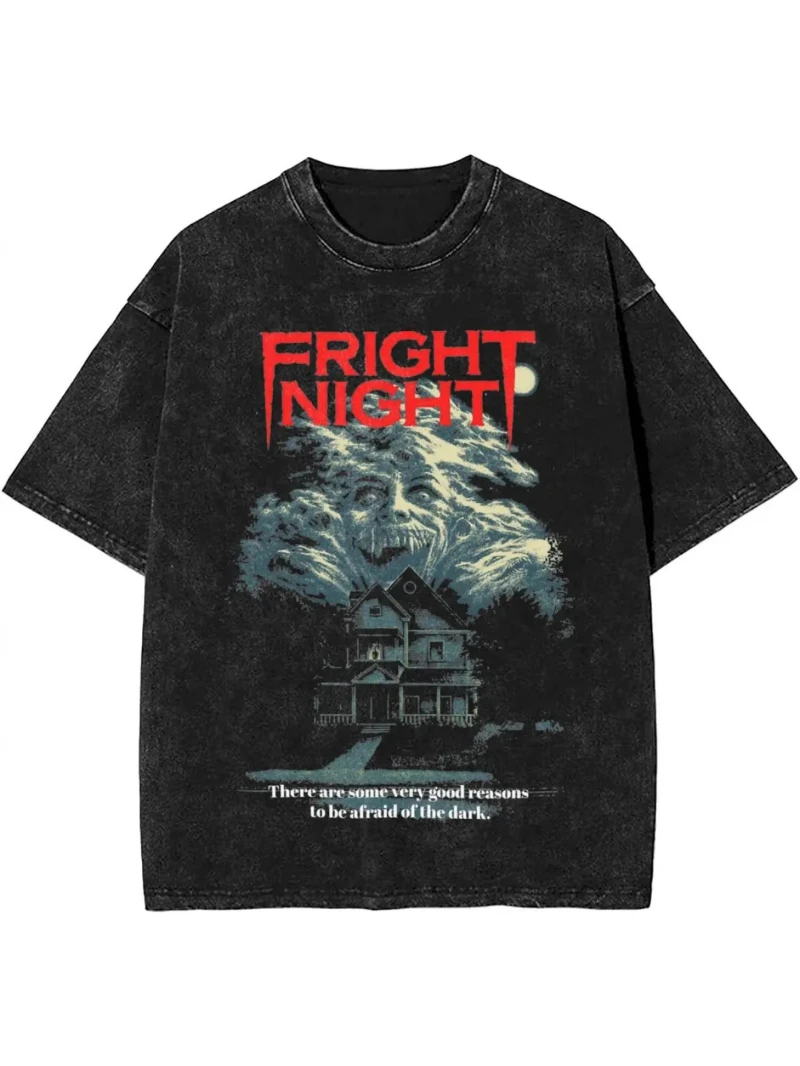 

Summer Women's Retro Horror Movie Pattern Short Sleeve T-shirt - "Fright Night" Design, Moonlight Room and Terrifying Face