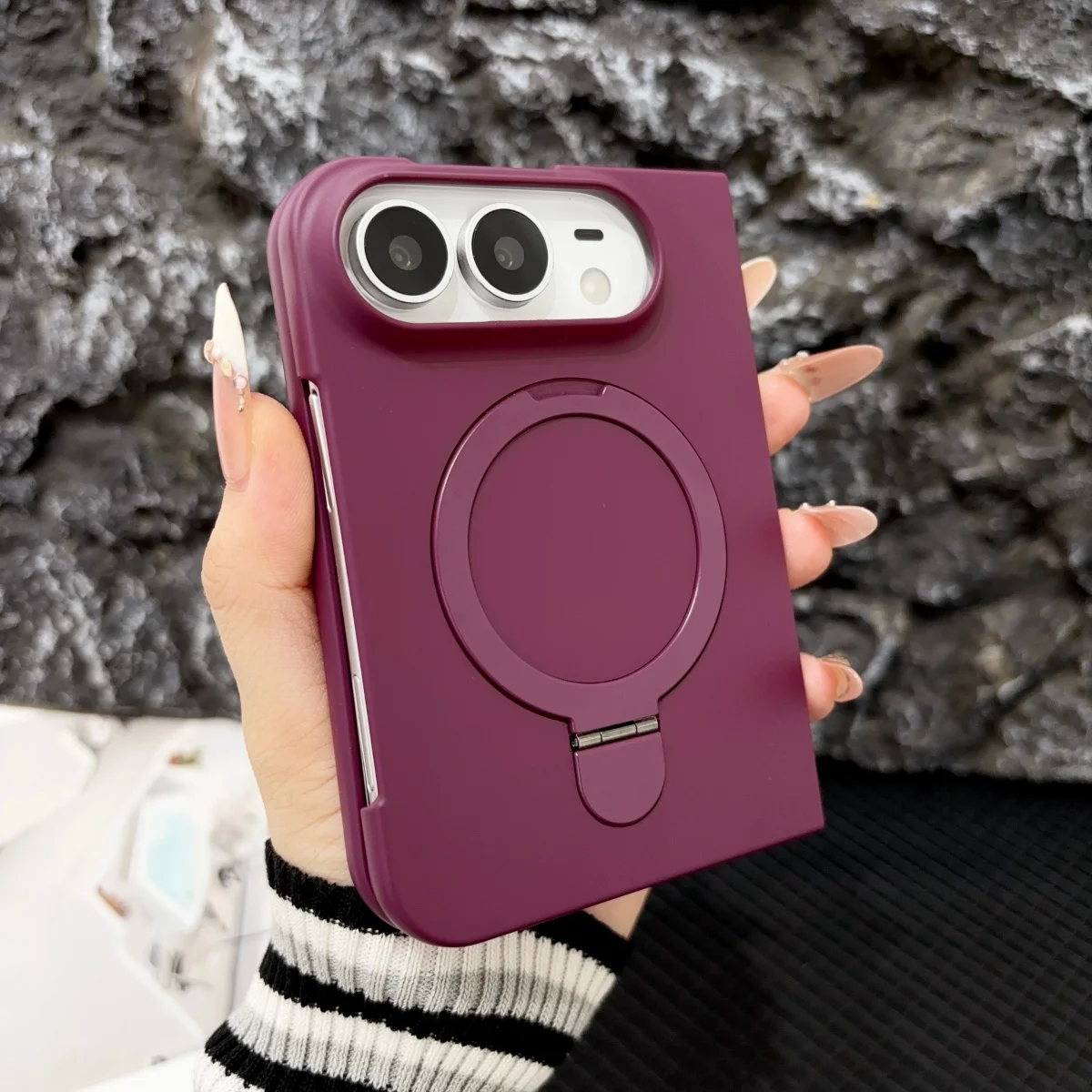 PC Skin Texture Ring Holder for Magsafe Magnetic Wireless Charging Case for IPhone Duo 18 Fold Stand Shockproof Protective Cover
