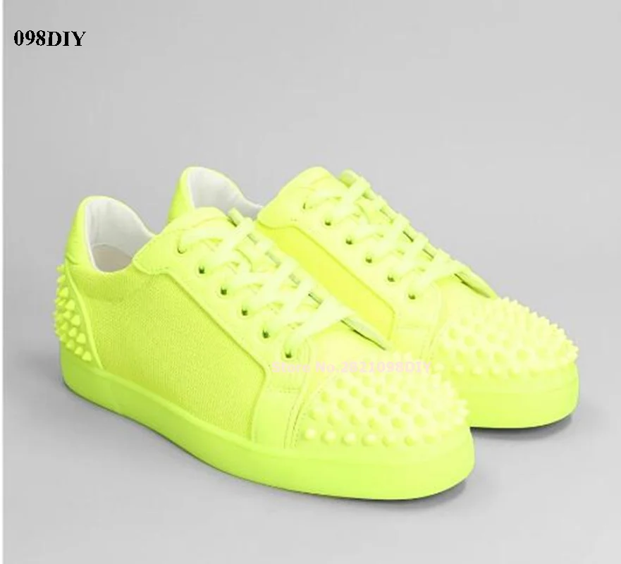 Fluorescein Yellow Leather Studs Toe Laces Up Men and Women Sneakers Unisex Daily Casual Shoes Men Flats Plus Size 35-47