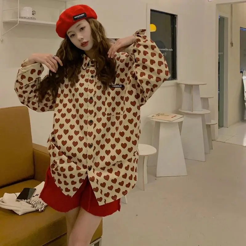 

Retro Heart Print Long Sleeve Loose Women's Shirt Spring Autumn New Style Casual Fashion Classic Collar Button up Top