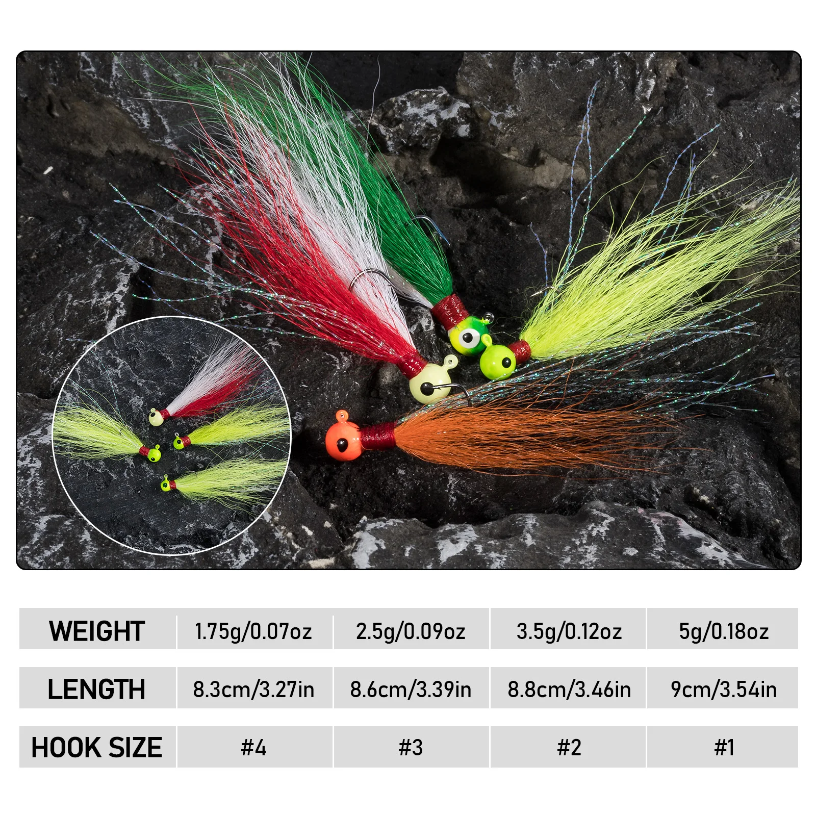 5pcs Bucktail Jig Jig Head Hook Fishing Lure 1.75g-5g Round Ball Hair Jig for Bass Striper Walleye Halibut Pike Freshwater