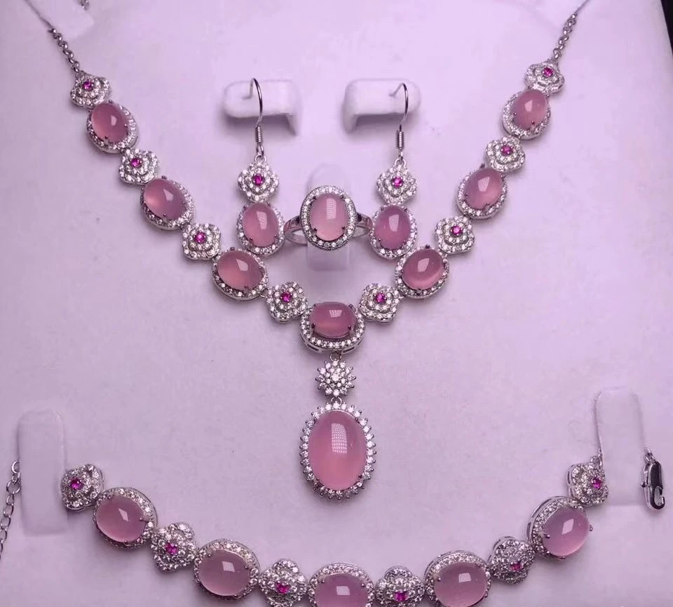 

Deluxe High Ice Pink Chalcedony Necklace Earrings Ring Set Silver Plated Jade Jewelry Gift Accessories