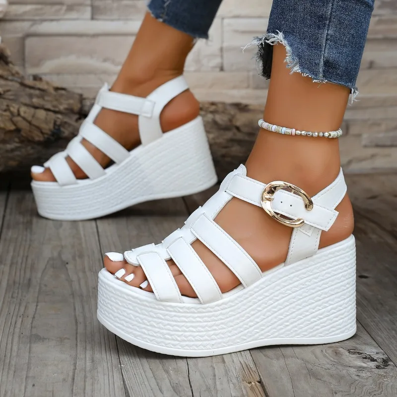Sandalias de cuña doradas metálicas para mujer, estilo gladiador con correa al tobillo, plataforma de esparto, suela antideslizante, para playa y vacaciones, calzado casual de verano