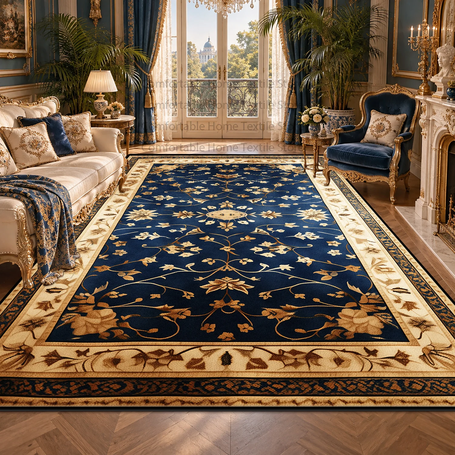European Classical Palace Style Luxury Formal Living Room Rug Rococo Flora Decor Non-slip Larg Carpet Washable Soft Floor Mat