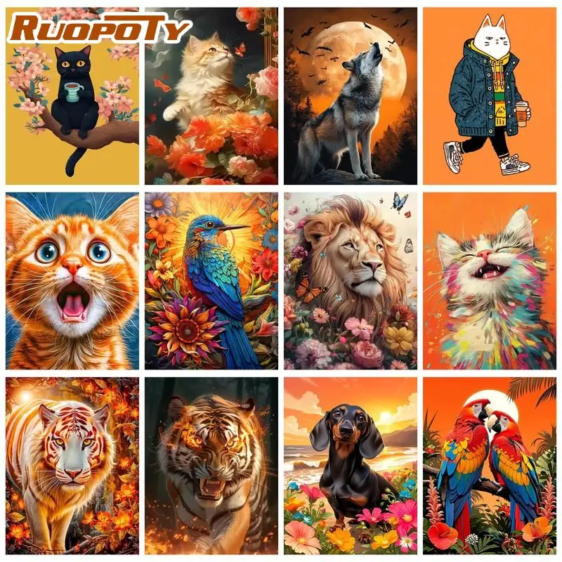 RUOPOTY Orange Tiger Malen nach Zahlen, Geschenkbild mit Zahlen, Tier, einfaches Acryl auf Leinwand, Kunsthandwerk, DIY-Bastelsets