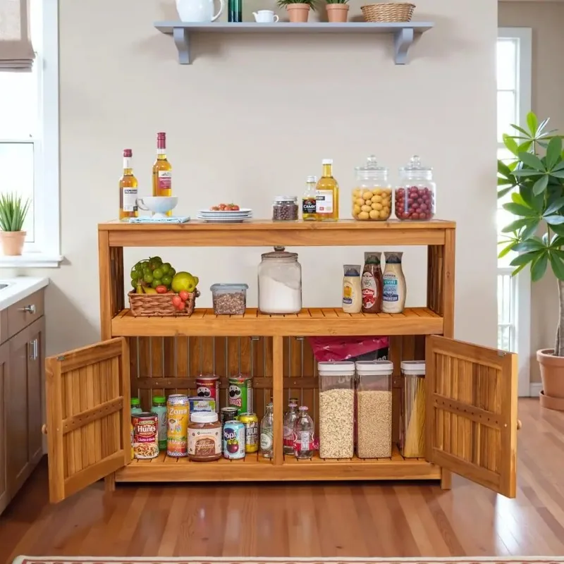 Outdoor Storage Cabinet, Weatherproof Cabinet Acacia Wood with 2 Magnetic Doors and Shelve, Outdoor Buffet, TV Stand, Potting Ta