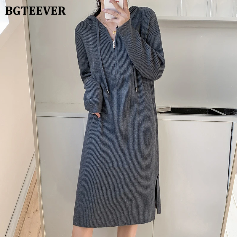 

Повседневное женское трикотажное прямое платье BGTEEVER на молнии с капюшоном, модное свободное женское однотонное платье-свитер с длинным рукавом и разрезом по бокам
