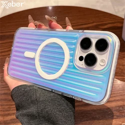 Luxury Aurora Laser Gradient Stripes Magnetic For Magsafe Case For iPhone 17 15 14 13 16 Pro Max Plus Wireless Charging Cover