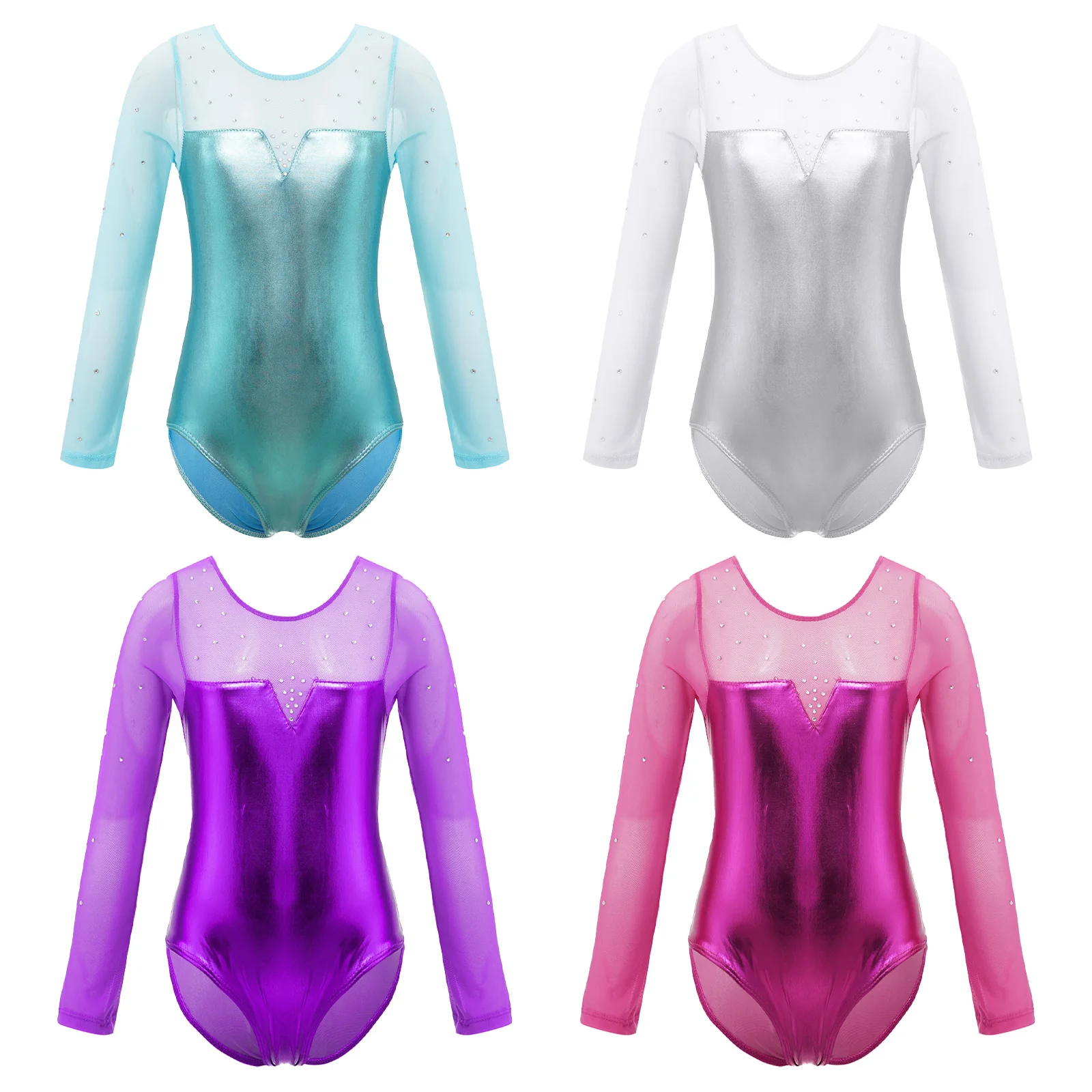 Kids Girls Sparkle Rhinestone Gymnastics Leotards One Piece Long Sleeve Ballet Dance Bodysuit Jumpsuit Athletic Dancewear