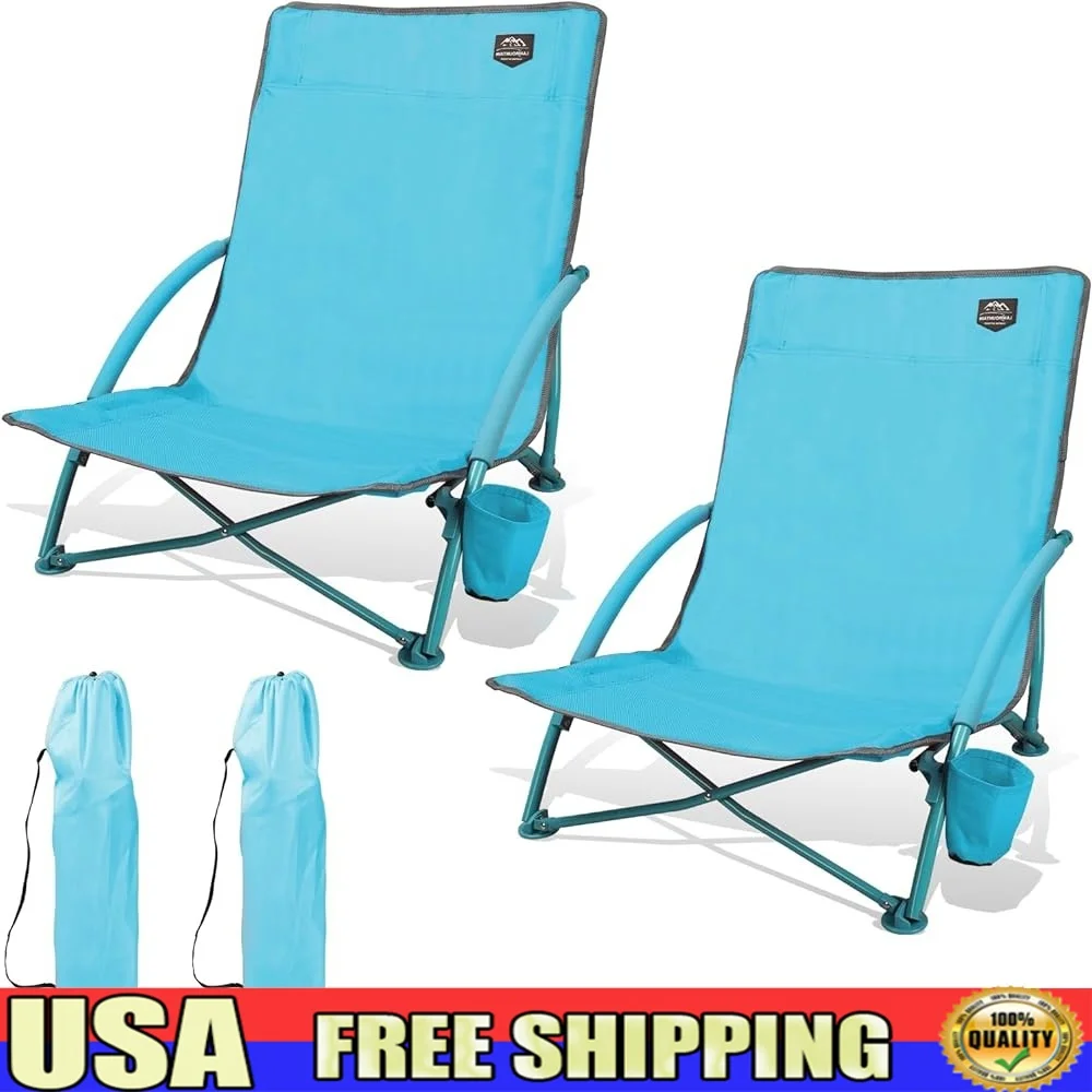 

2 Pack Low Beach Chair Folding Recliner Camping Chairs Lightweight Portable Seats with Cup Holder Outdoor Activities