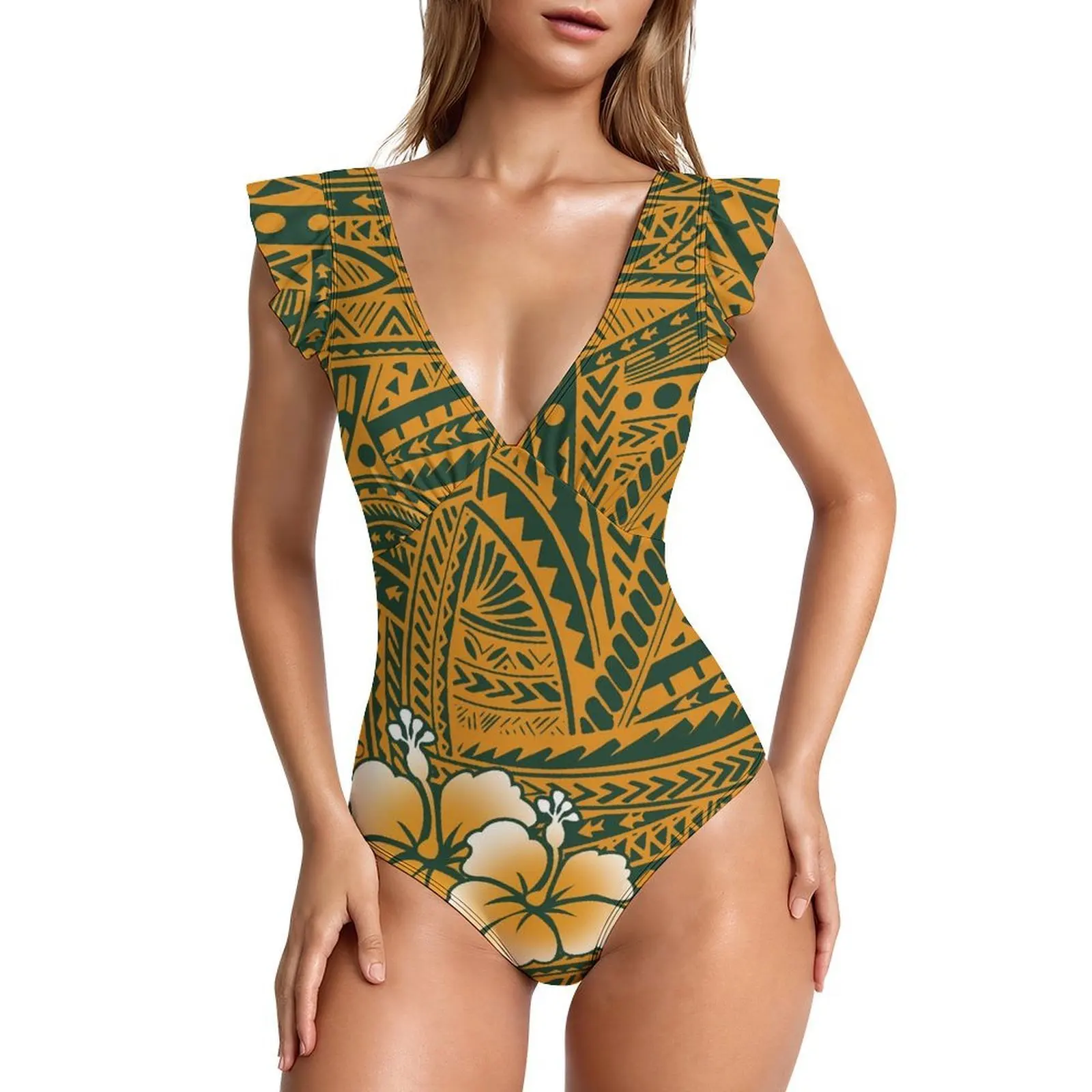 Customized Bikini Pattern Printed Women'S Pool Party Polynesian Deep V-Neck Sexy Ruffled Sleeve One-Piece Swimsuit